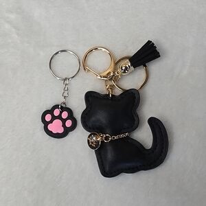 Chic Black Cat Bag Purse Backpack Charm Keychain with Pink Paw Charm